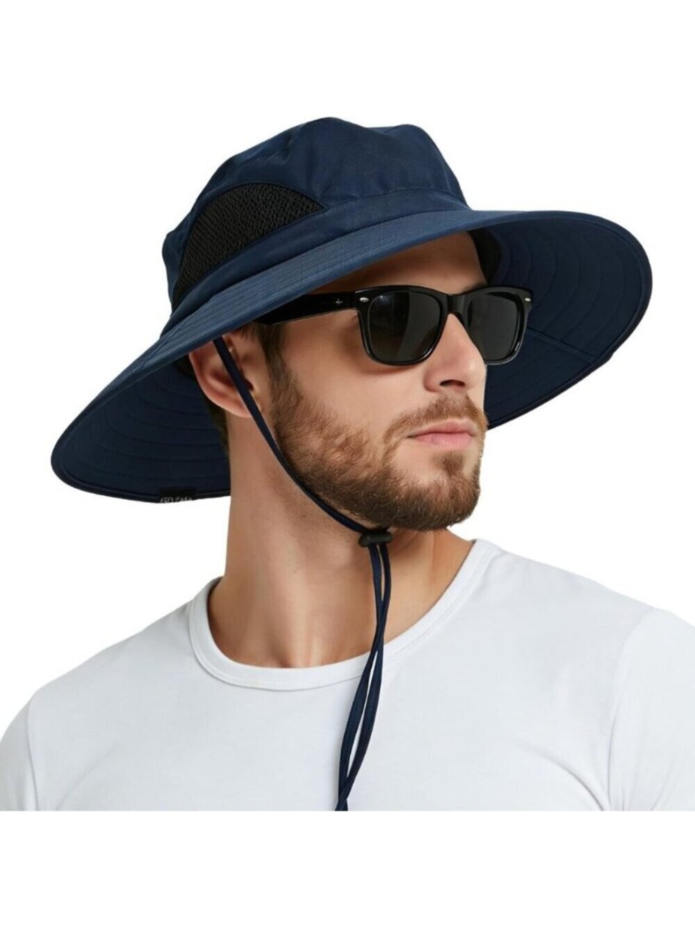 Unisex Navy Blue 100% Polyester Wide Brim Mesh Vents With Chin Strap Fishing Hat